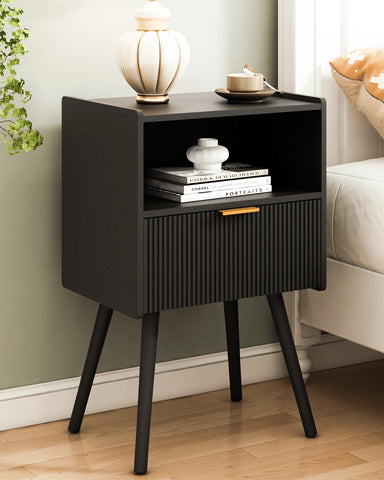 JOONEE black nightstand with wood legs for bedside storage and a lamp