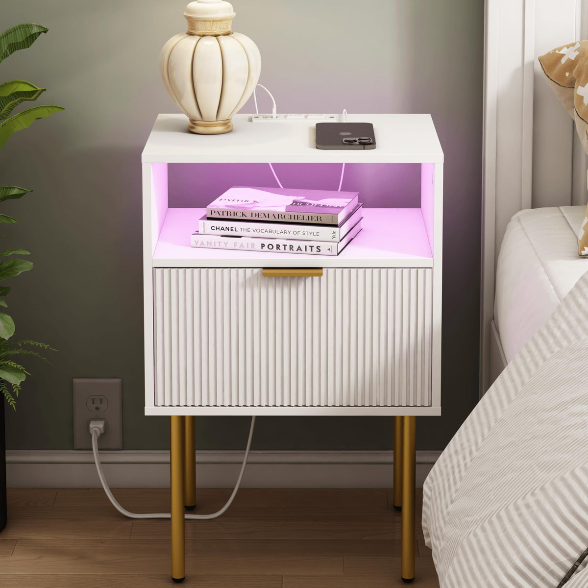 JOONEE modern nightstand with drawer and LED lights for ambient bedroom lighting