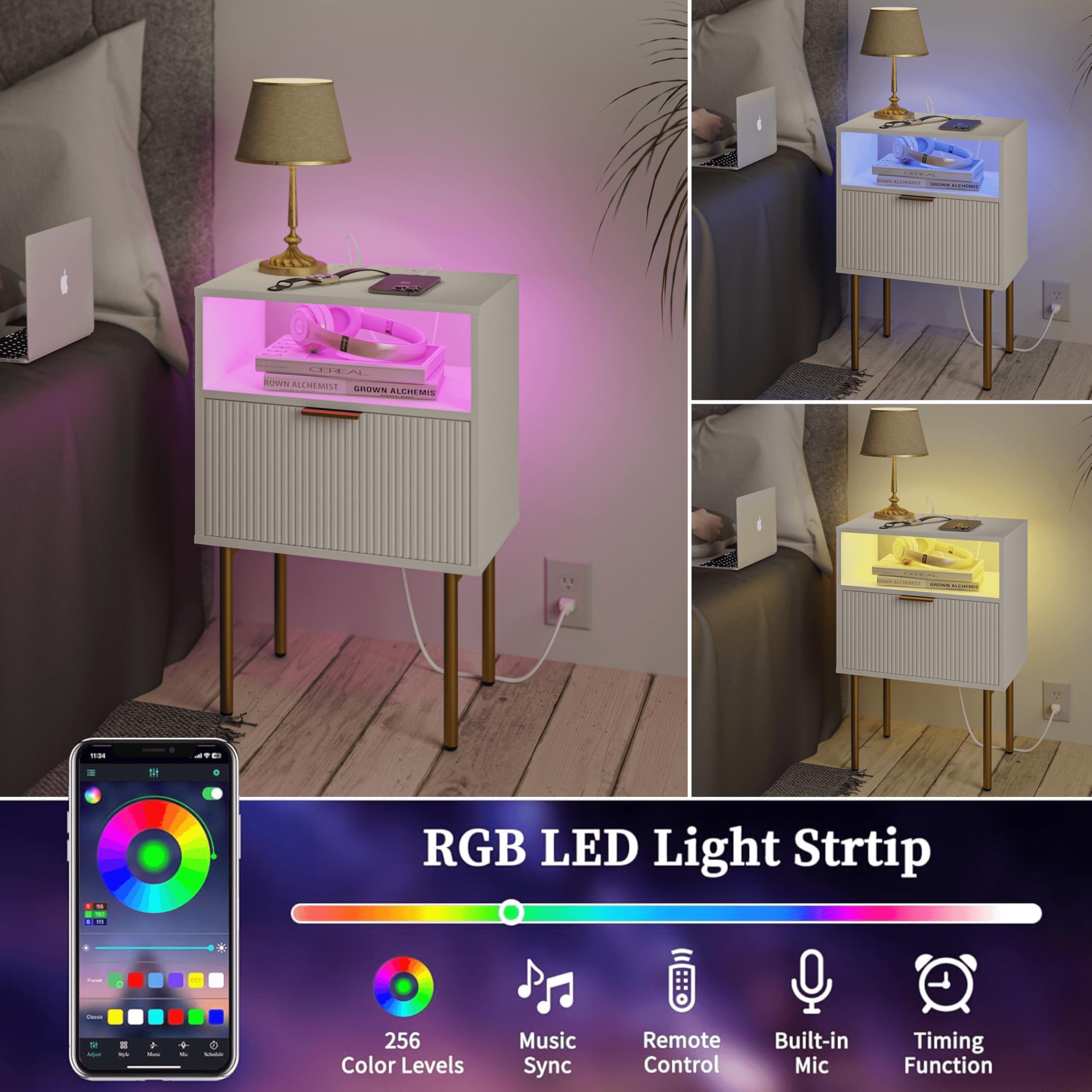JOONEE nightstand with gold accent legs adds modern elegance