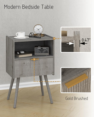 JOONEE Nightstand in bedroom with a lamp demonstrates a warm, organized bedside area.