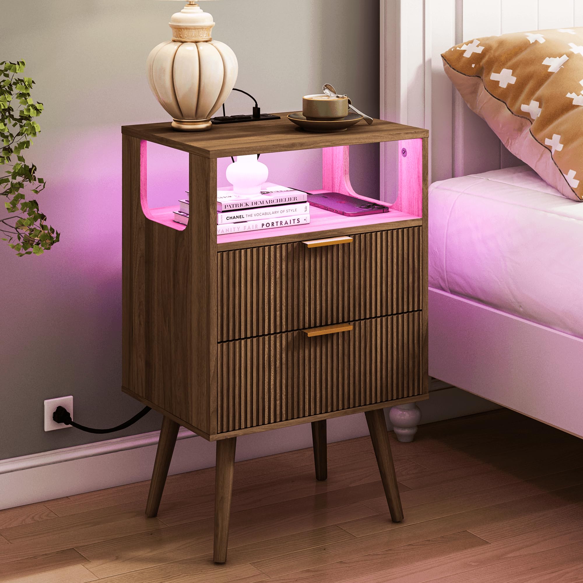 JOONEE nightstand with charging station and LED lights for bedside convenience.