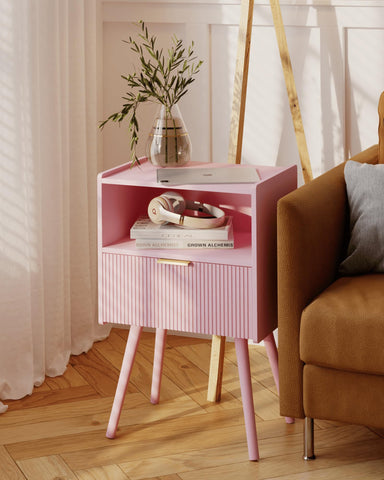 JOONEE nightstand in small-space setup keeps essentials within reach.
