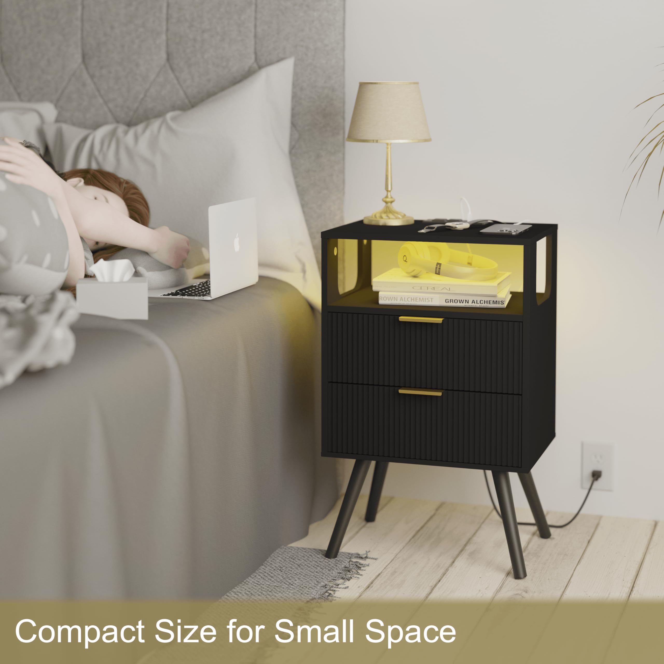 JOONEE nightstand dimensions 15.7 W x 11.8 D x 25.2 H for bed-side fit.