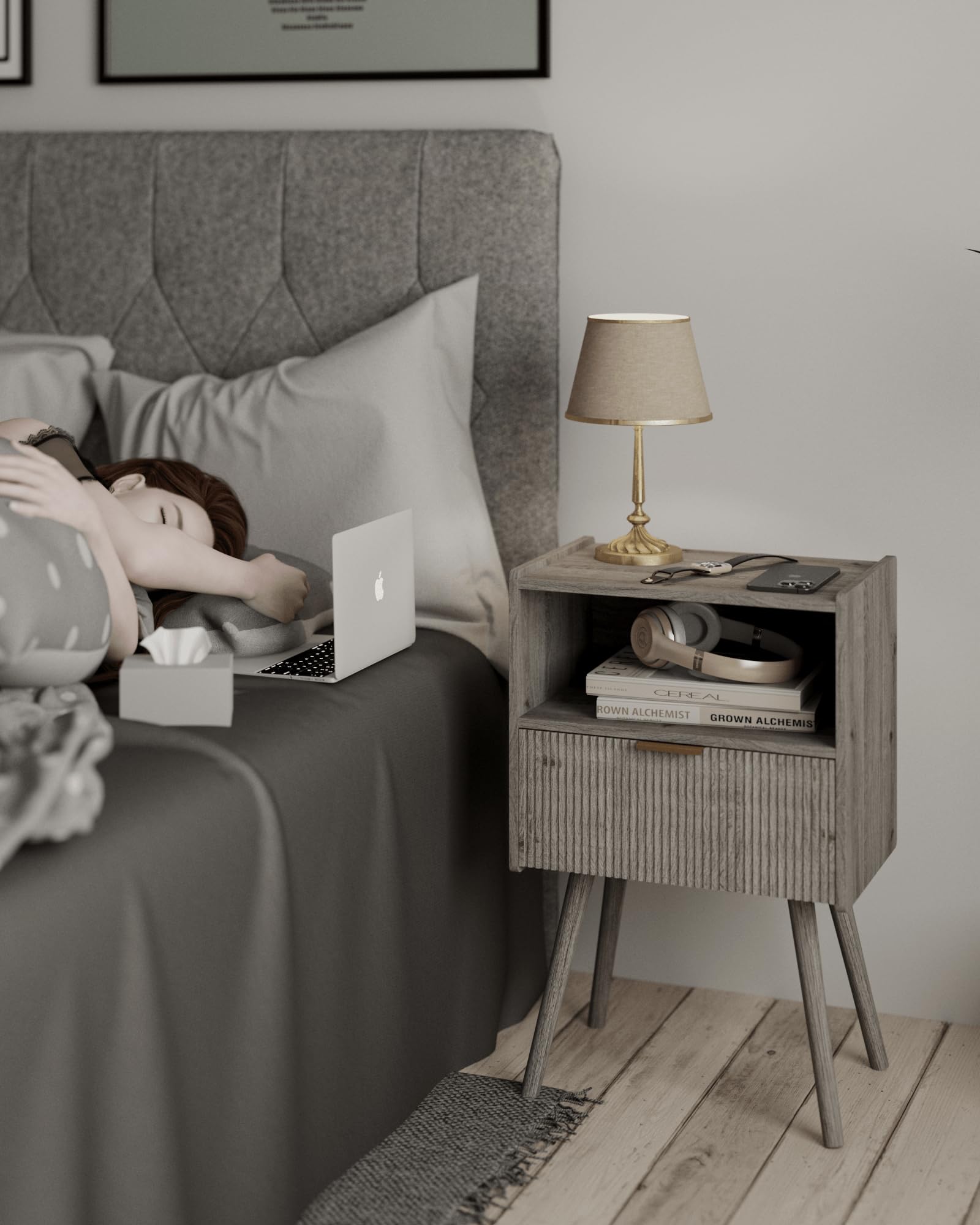 JOONEE Nightstand compact footprint illustration highlights dimensions for small spaces.