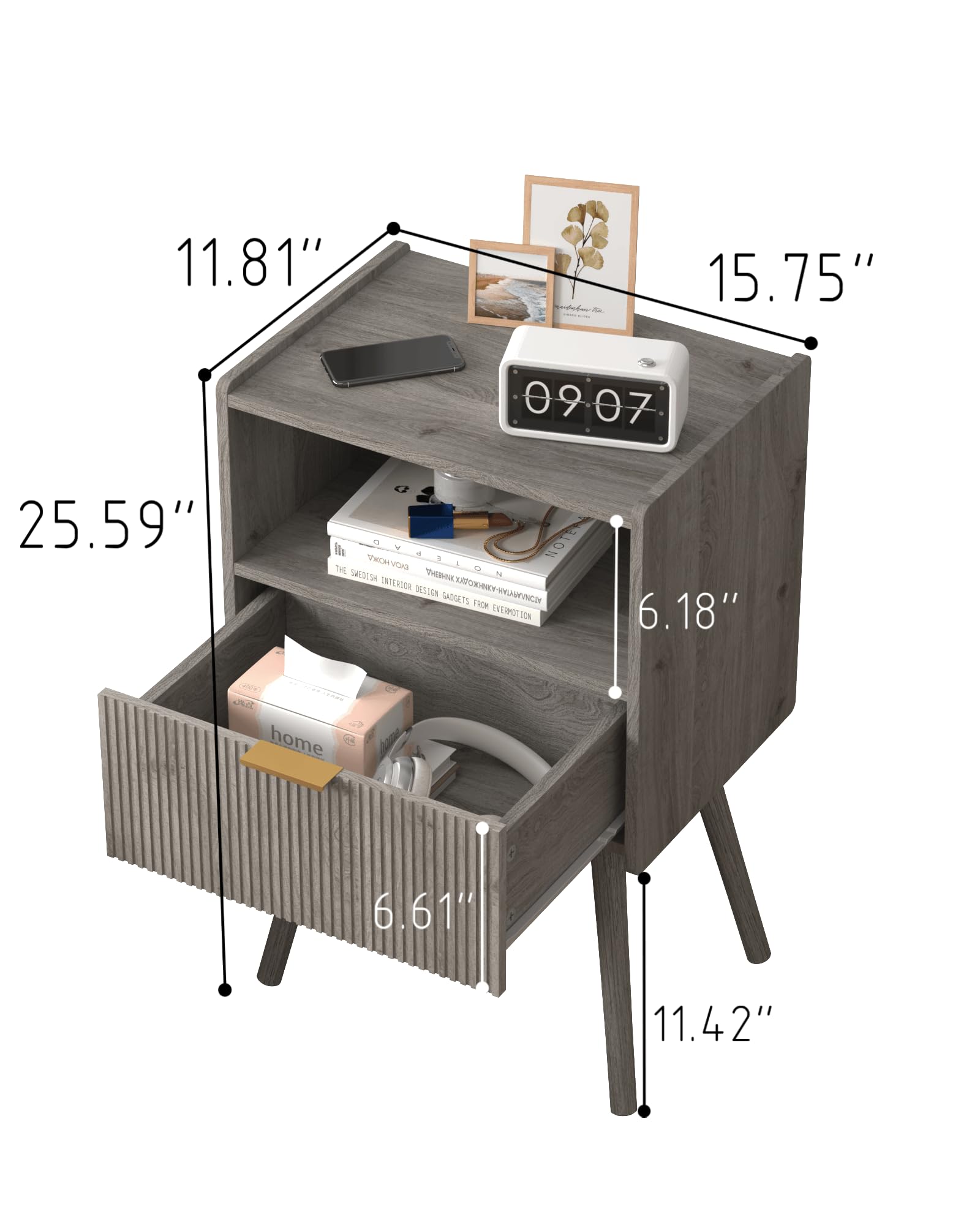 JOONEE Nightstand with drawer open shows ample bedside storage for remotes and meds.
