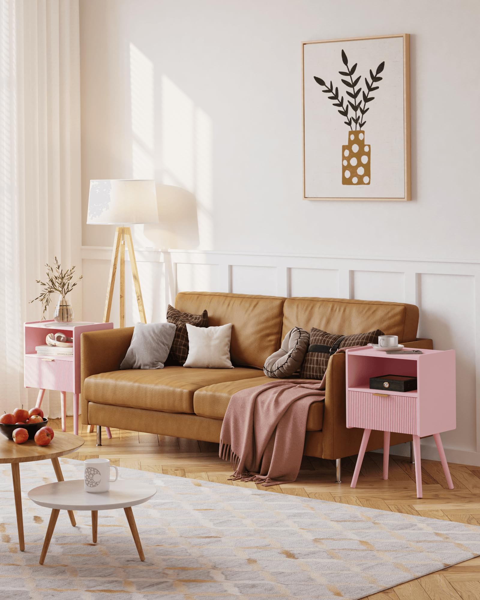 JOONEE nightstand front view emphasizes sturdy pine legs and balanced proportions.