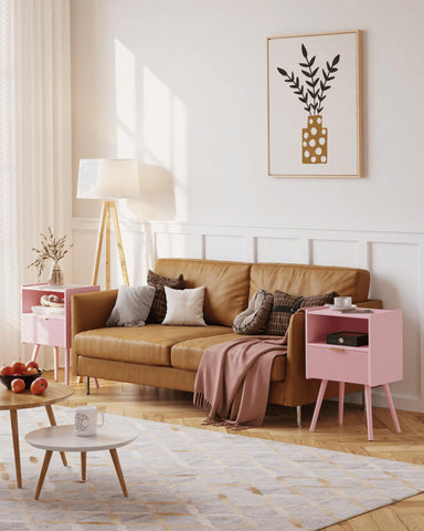 JOONEE nightstand front view emphasizes sturdy pine legs and balanced proportions.