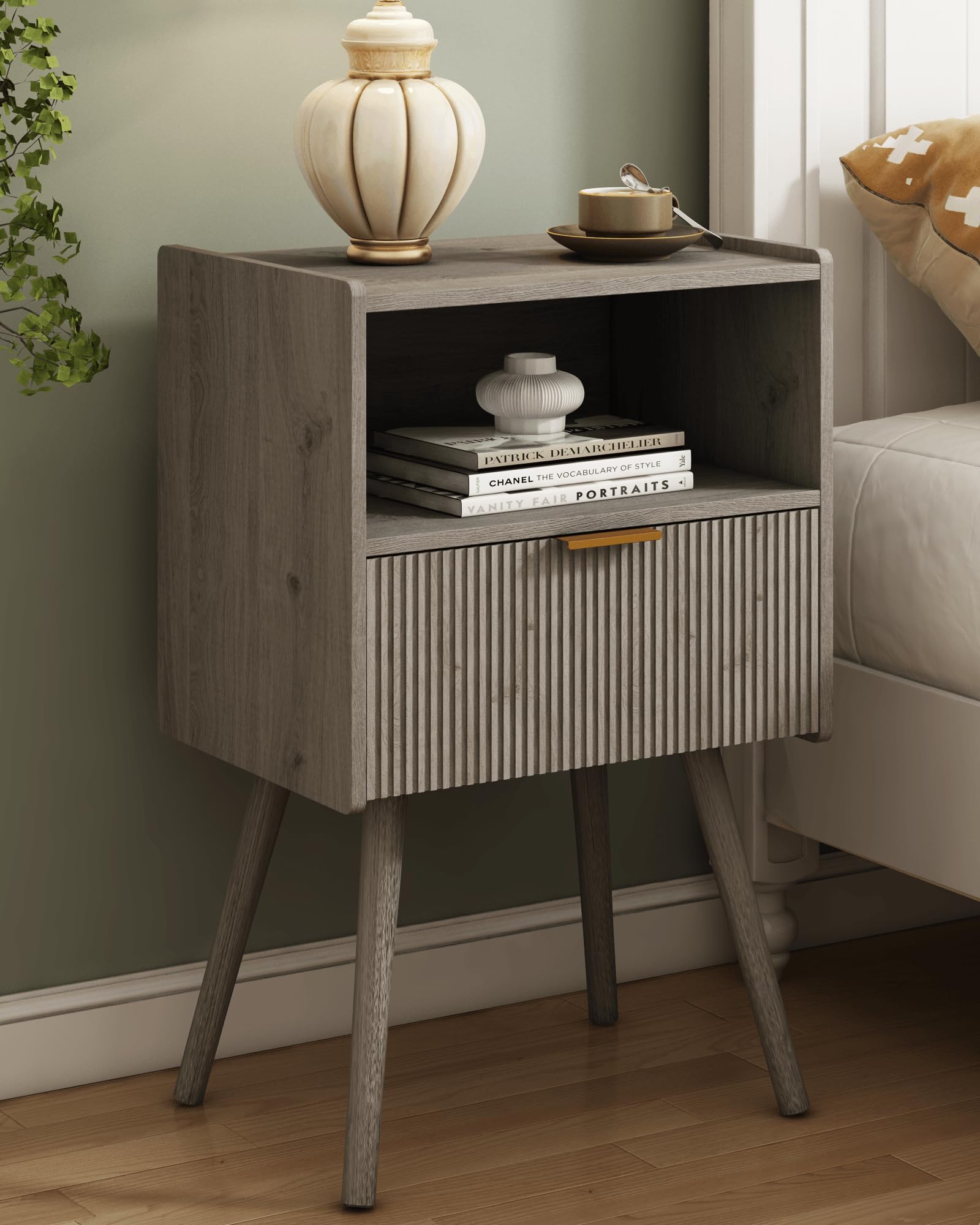 JOONEE Nightstand in grey oak front view offers compact bedside storage.