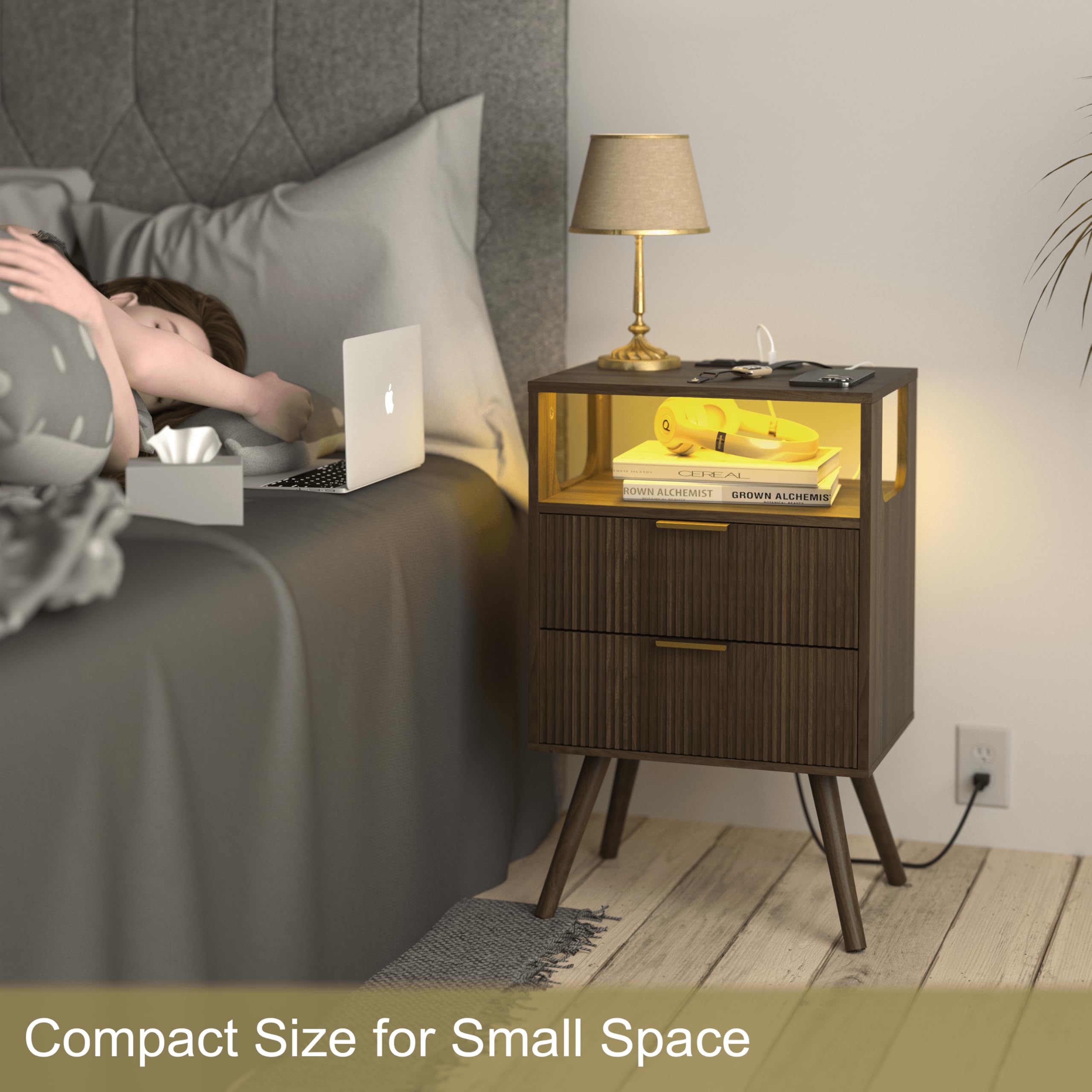 Open wood shelf provides accessible space for books or decor.