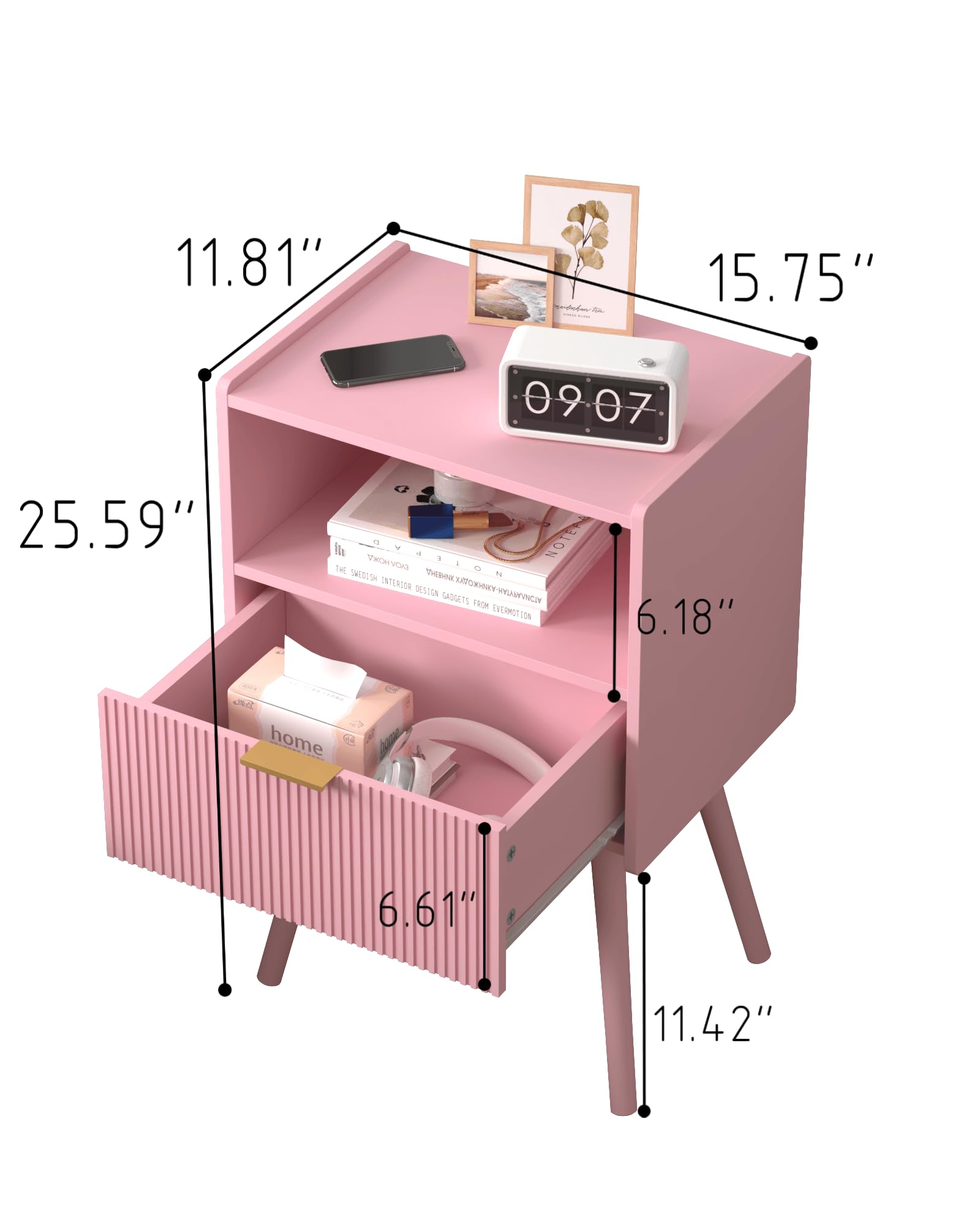 JOONEE nightstand with open wood shelf shows compact organization for small spaces.