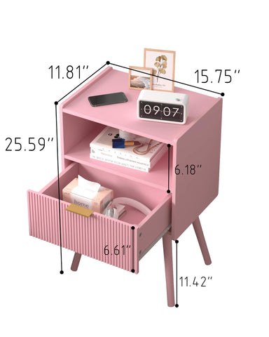 JOONEE nightstand with open wood shelf shows compact organization for small spaces.