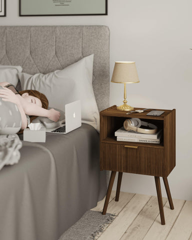 JOONEE nightstand close-up on solid pine legs and finish.