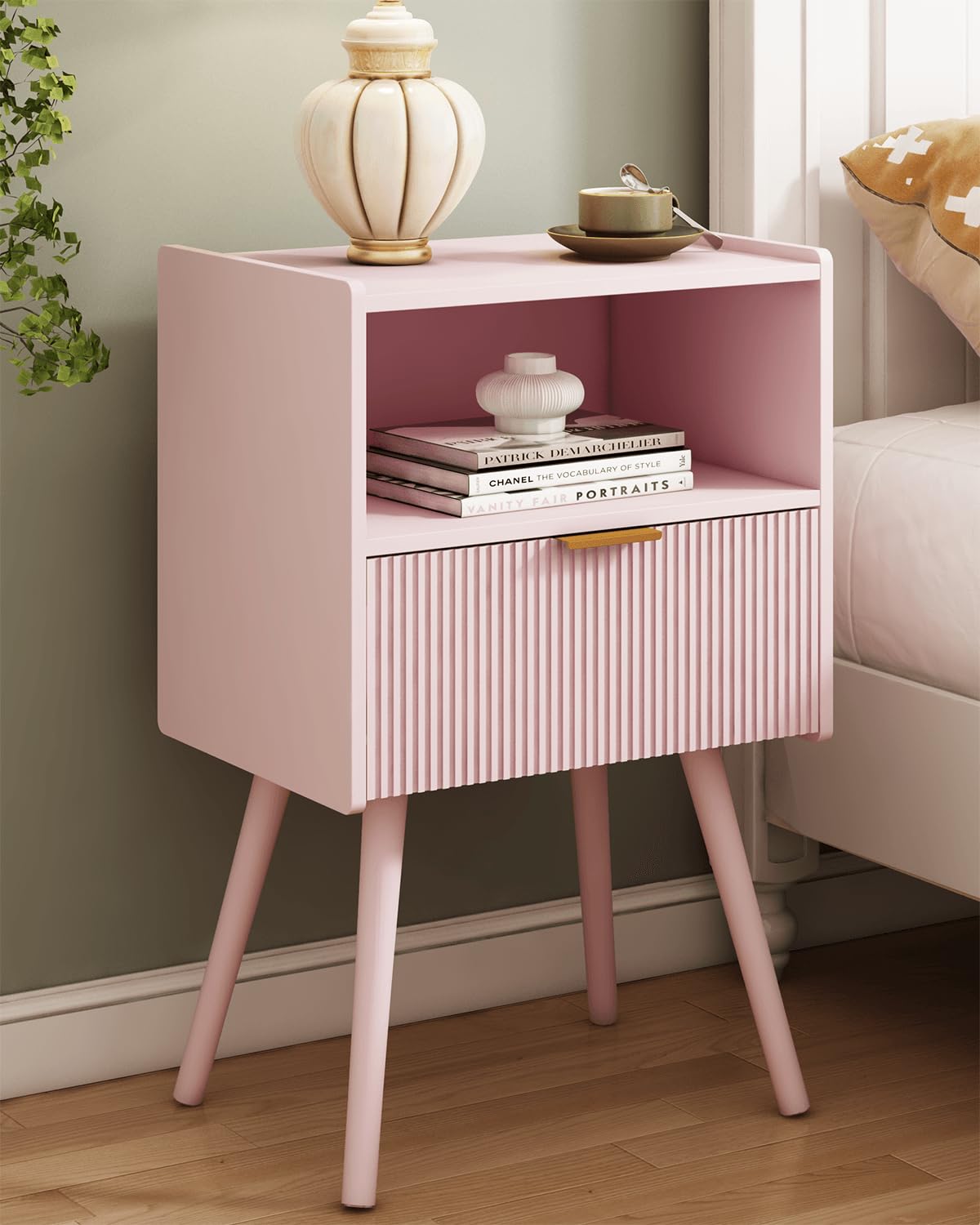 JOONEE nightstand pink modern with drawer provides accessible bedside storage.