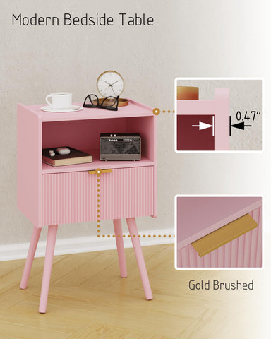 JOONEE nightstand with solid wood legs adds natural style.