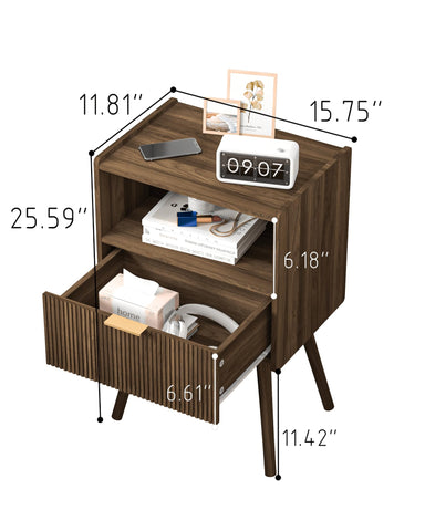 JOONEE nightstand with drawer and open shelf, side view for organized living room.
