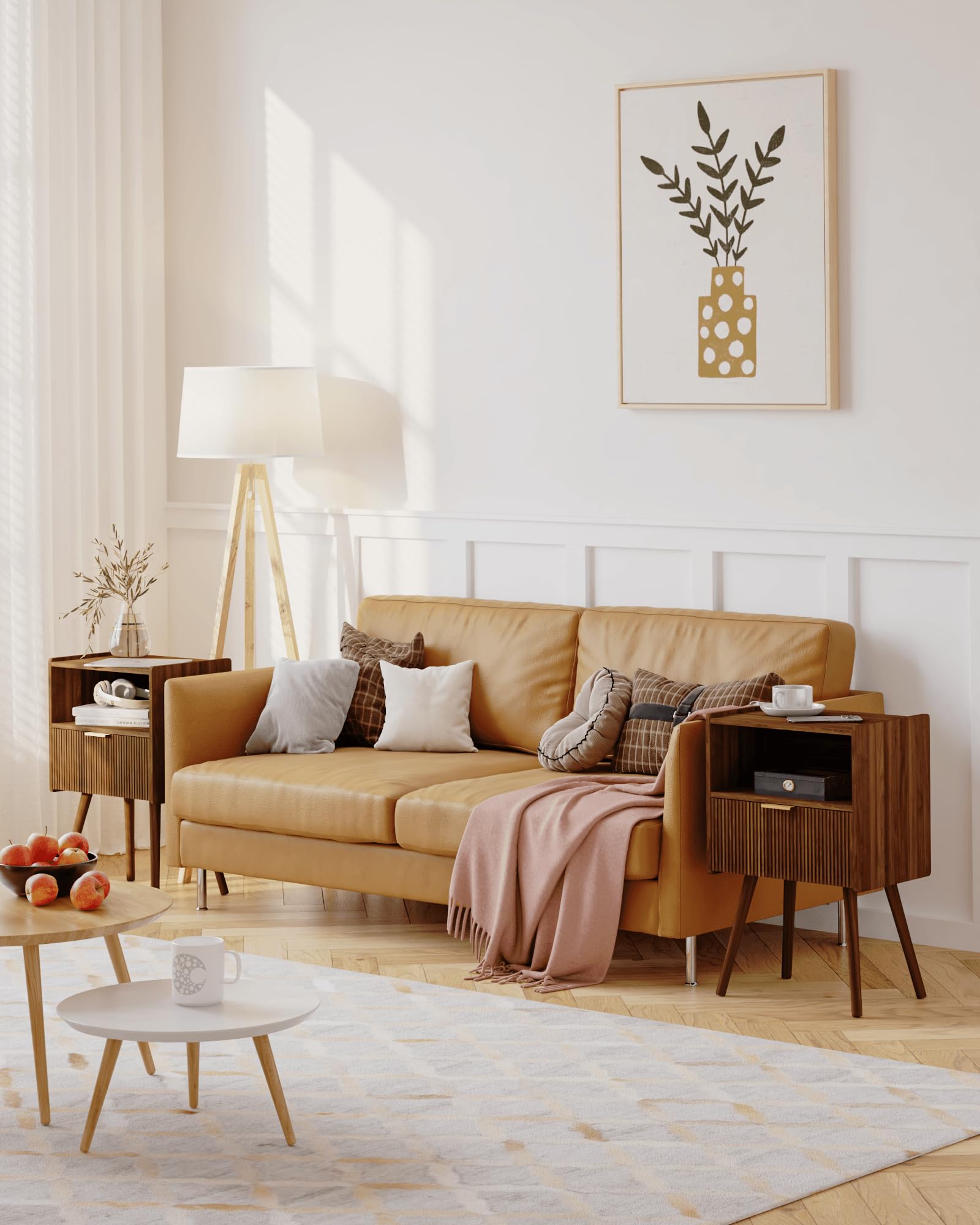 JOONEE nightstand top display with lamp and plant, ideal bedside setup.