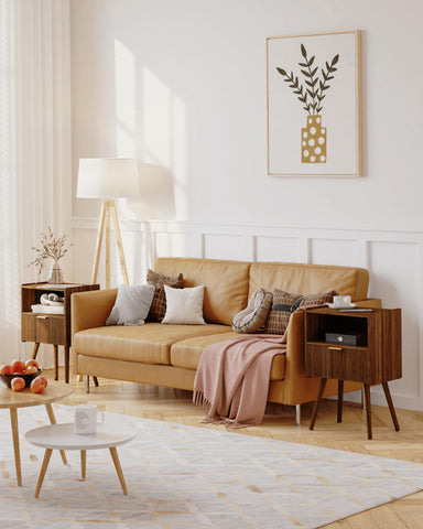 JOONEE nightstand top display with lamp and plant, ideal bedside setup.