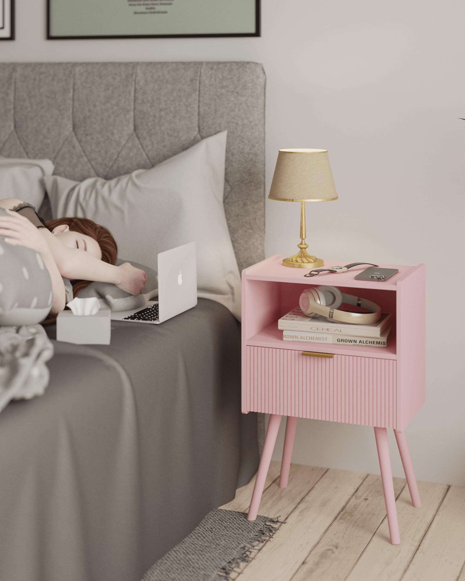 JOONEE nightstand top with lamp demonstrates versatile surface for decor.