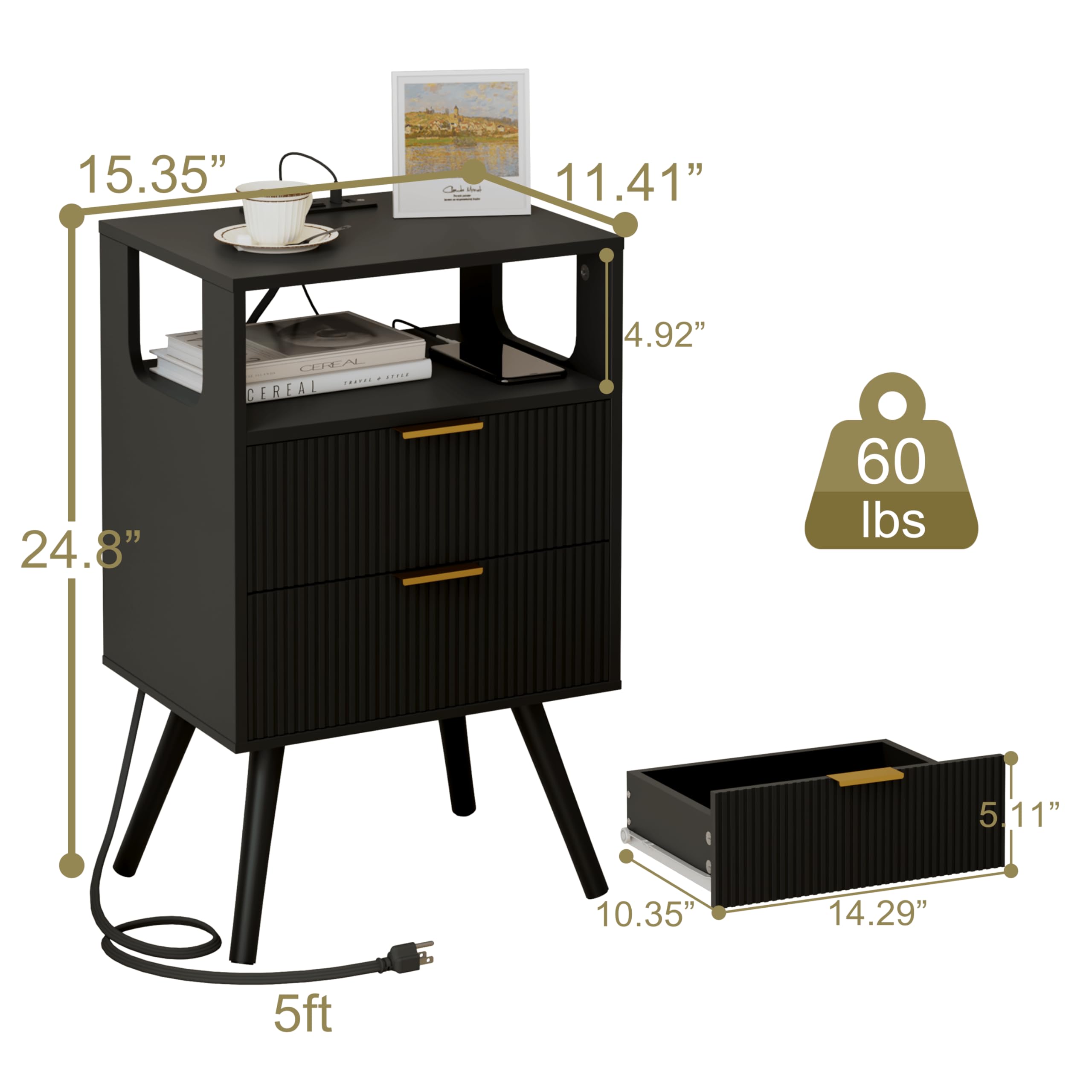 JOONEE nightstand with two drawers and open wood shelf for organized essentials.