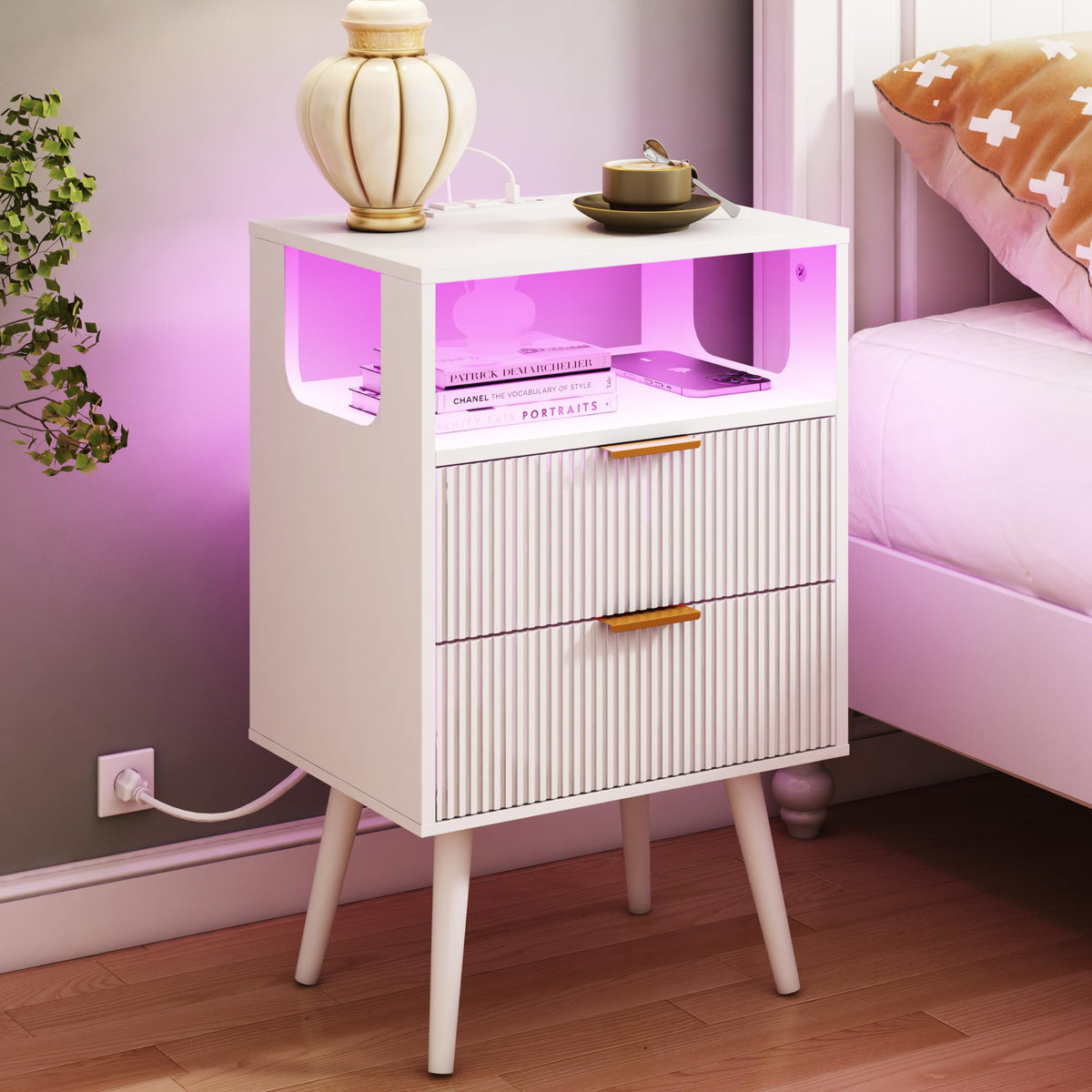 JOONEE white nightstand with charging station and LED lighting for convenient device charging.