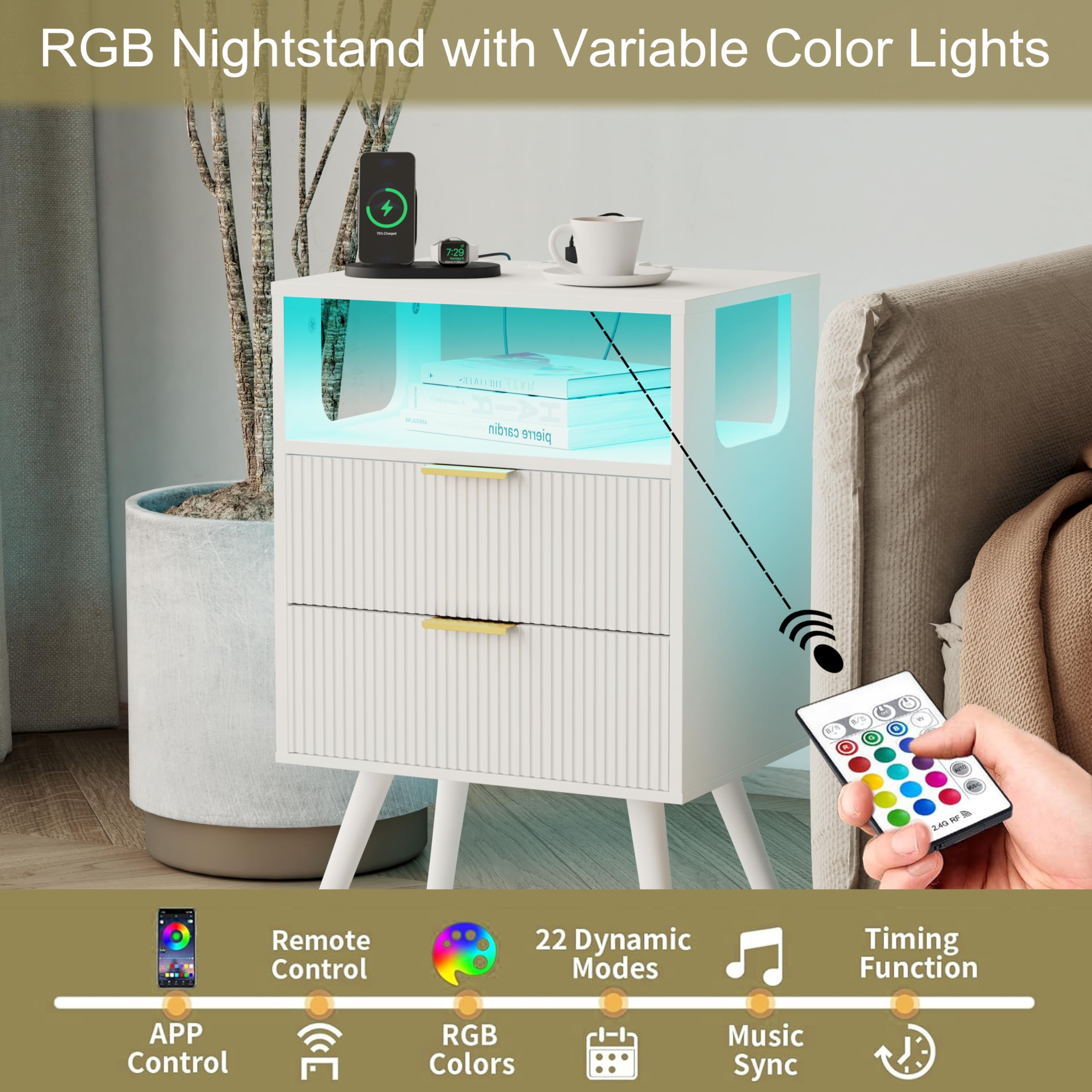 JOONEE white nightstand with solid wood legs for sturdy support.