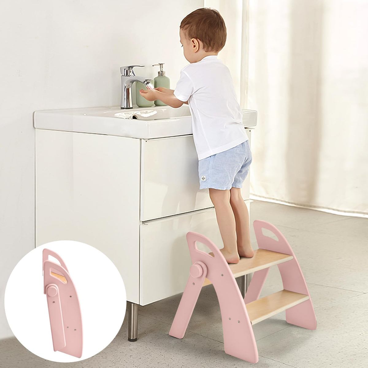 Joothlin 2-Step Stool folded compact for easy storage.