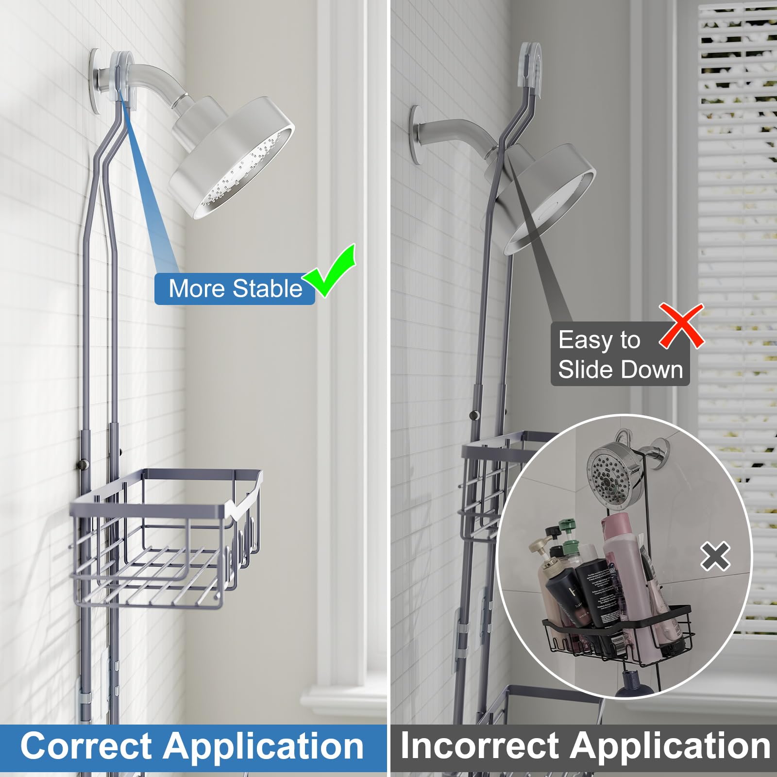 Joqixon shower caddy easy installation over the head with anti-slip hooks.