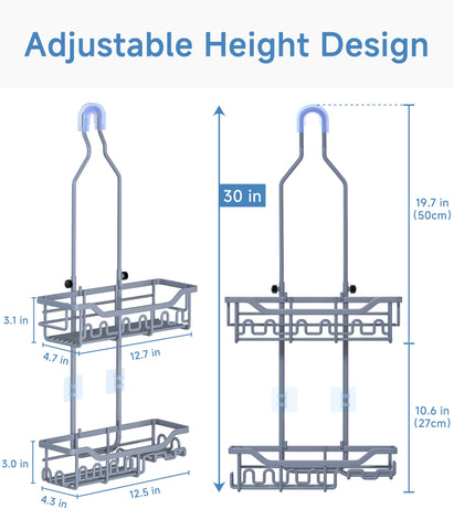 Joqixon shower caddy extended length fits tall bottles with space.