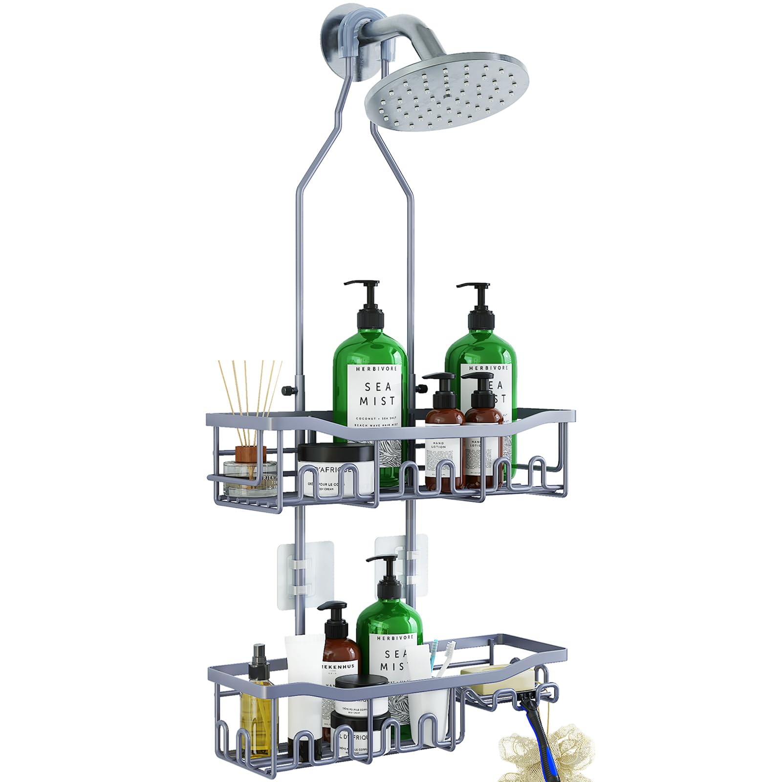 Joqixon shower caddy over showerhead keeps shampoos within easy reach.