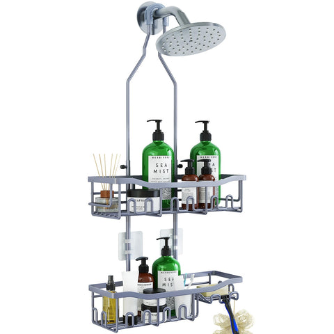 Joqixon shower caddy over showerhead keeps shampoos within easy reach.