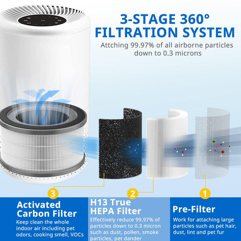 JORAIR Vista200 3-in-1 HEPA filter helps capture small particles.