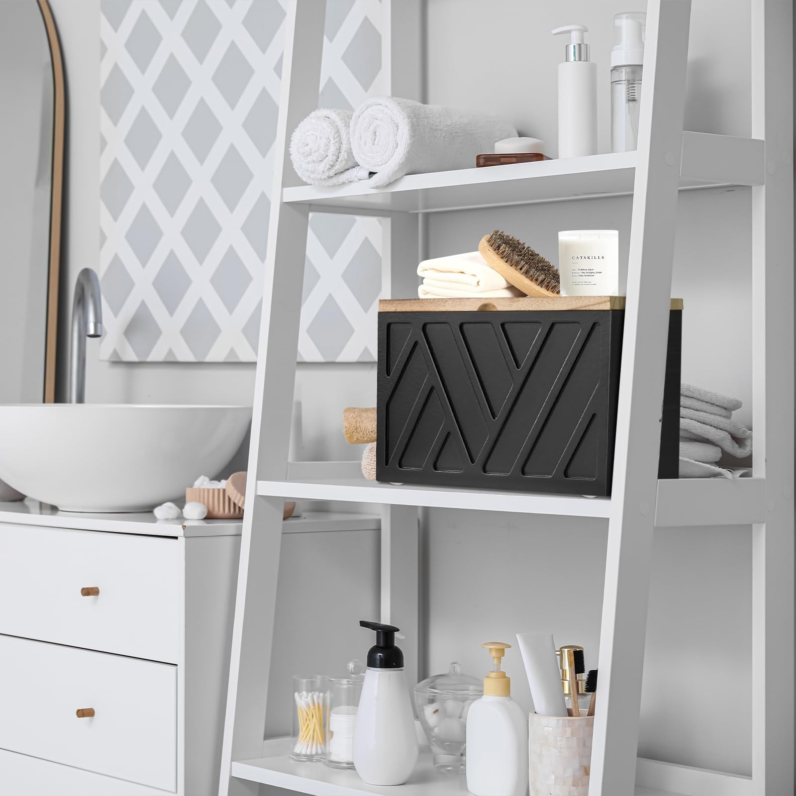 Jorkol feminine product organizer in wood demonstrates compact design for bathroom counters.