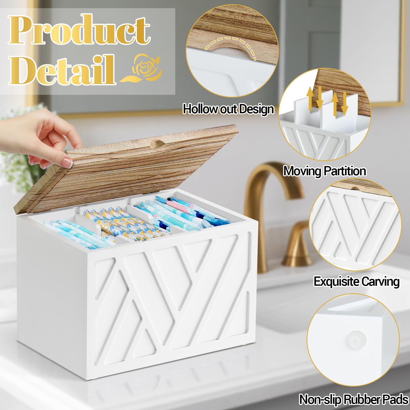 Jorkol solid wood tampon storage box emphasizes natural finish and durability.