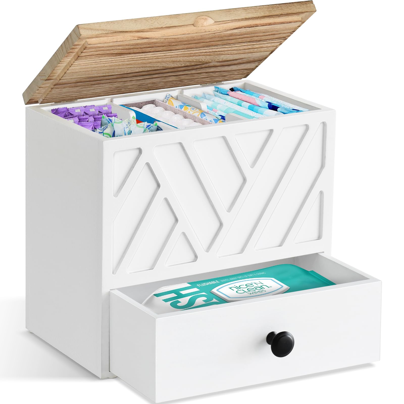 Jorkol tampon holder with lid and drawer keeps tampons organized and private.
