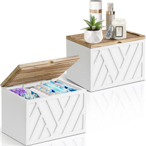 Jorkol tampon holder with lid white for tidy bathroom organization.