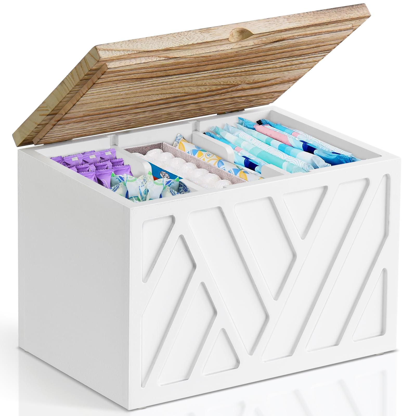 Jorkol tampon holder with lid showing organized interior for easy access and dust protection.