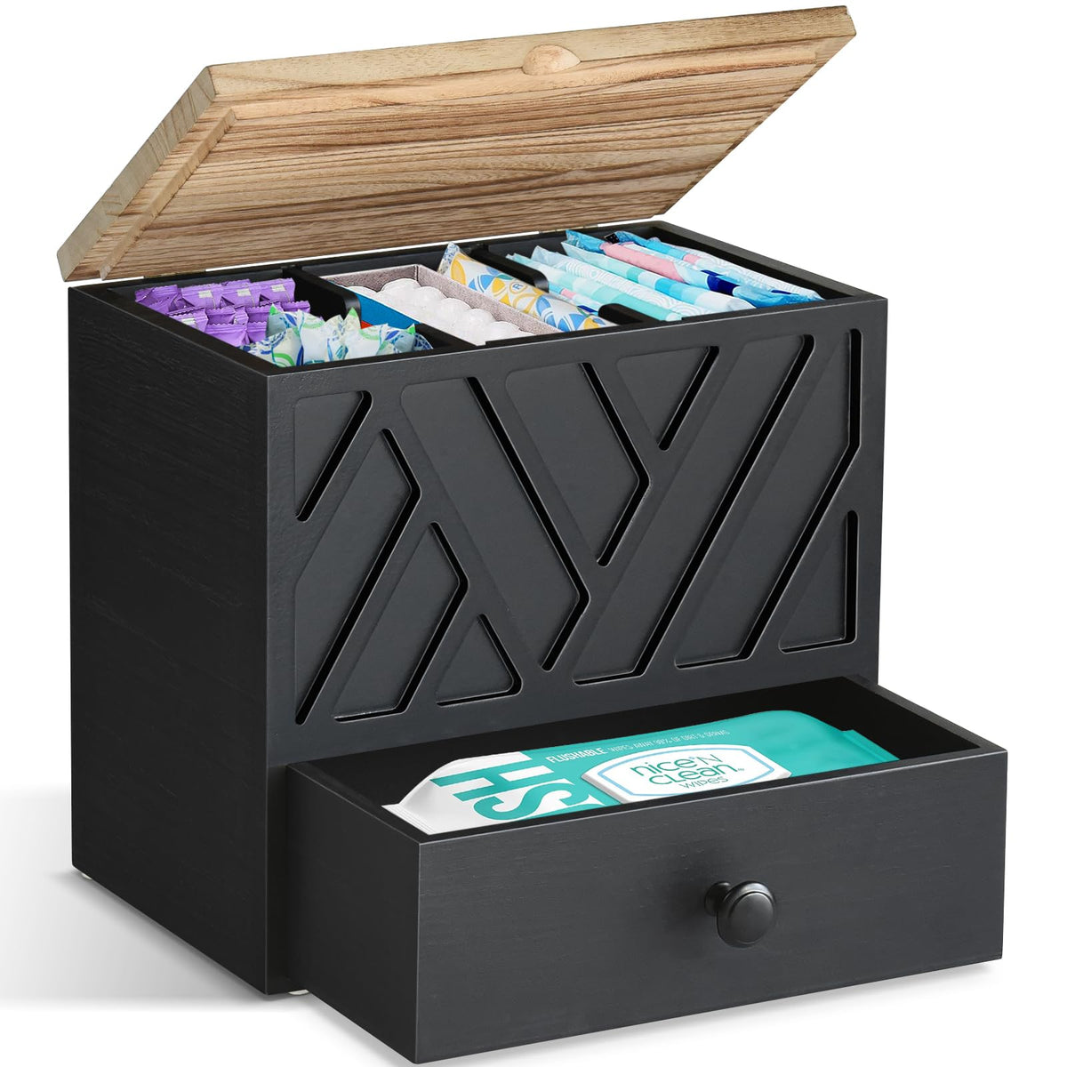 Jorkol tampon-holder-with-lid keeps contents organized and dust-free
