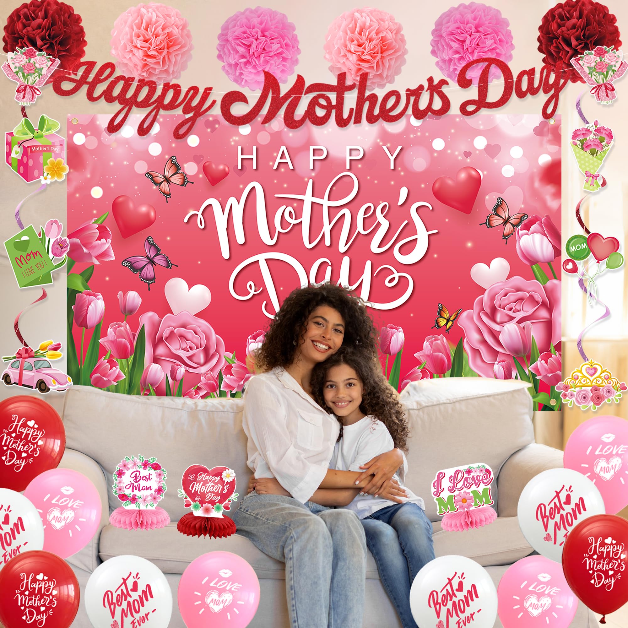 Jorvian Mother's Day red banner adds bold accents for a celebratory entryway.