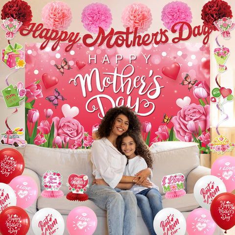 Jorvian Mother's Day red banner adds bold accents for a celebratory entryway.