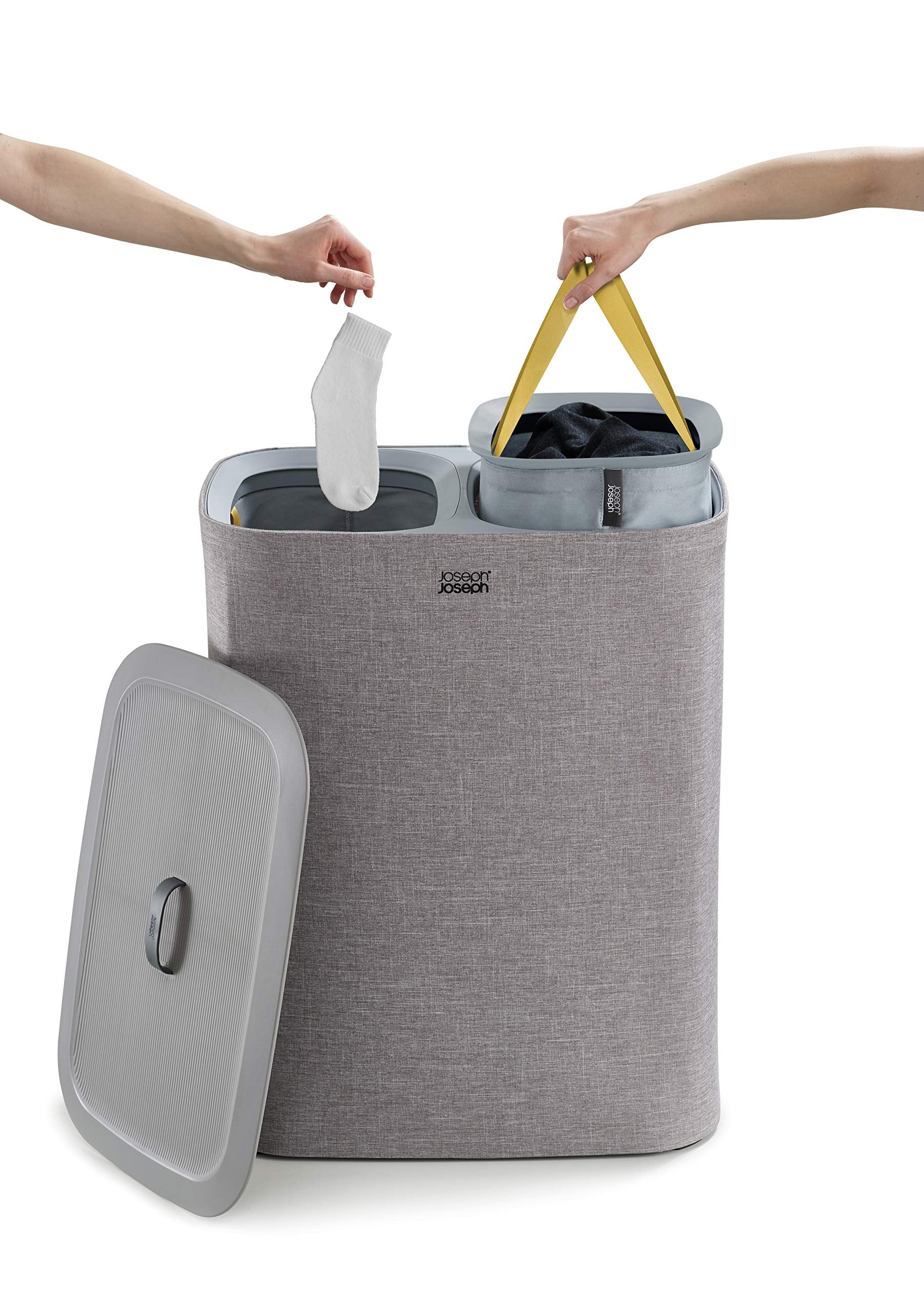 Dual compartments in Joseph Joseph Tota hamper for sorting fabrics