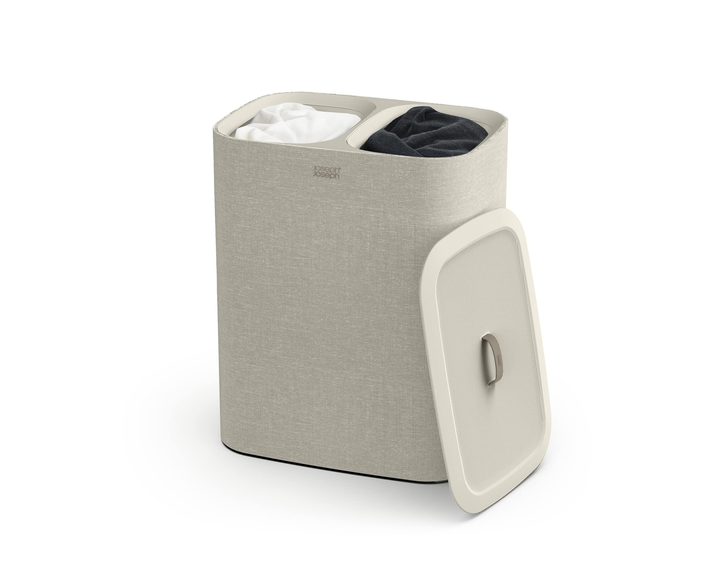Joseph Joseph Tota laundry hamper with lid, showing dual compartments for separating lights and darks.