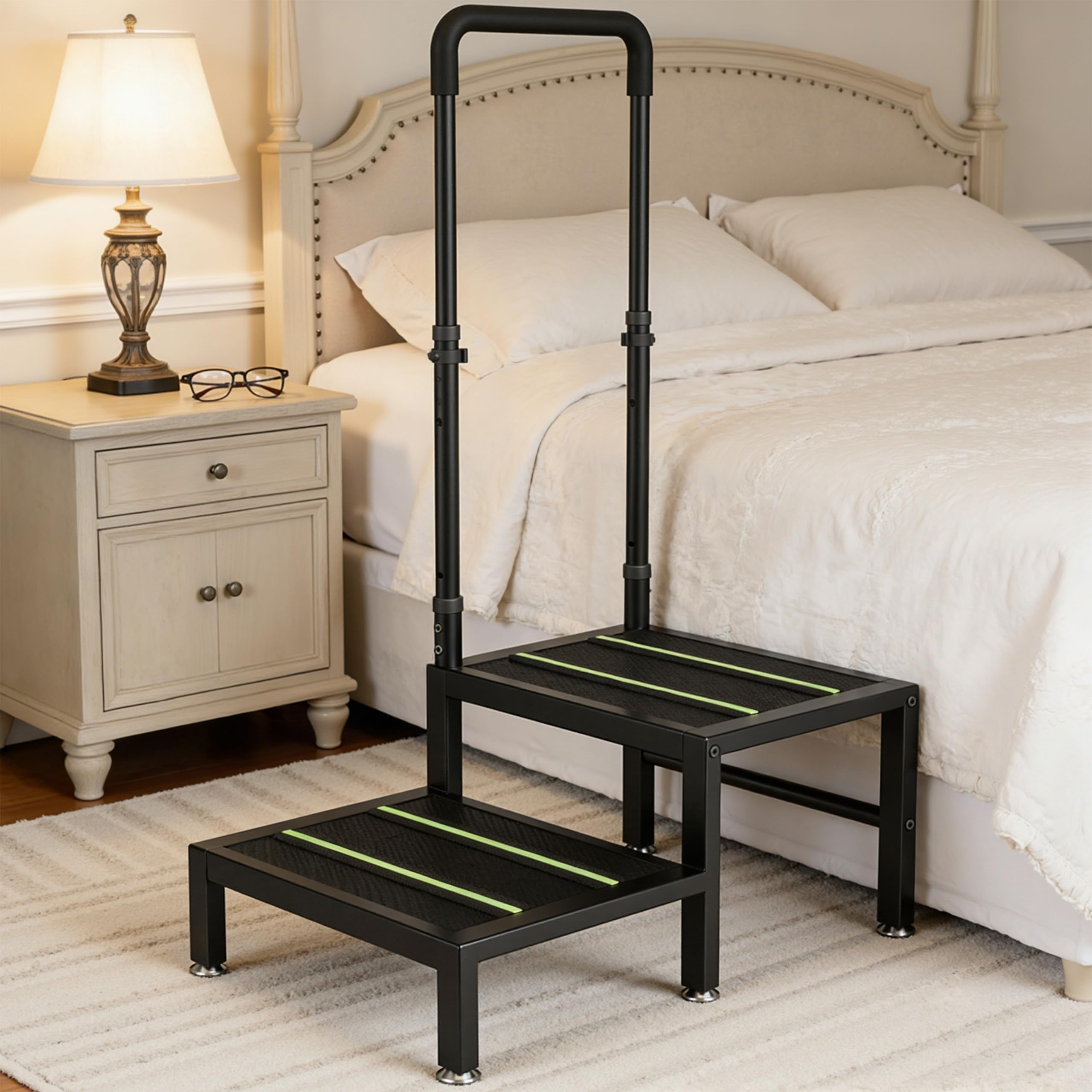 Josmimic 2-step stool with handle featuring a sturdy metal frame for bed or tub access.