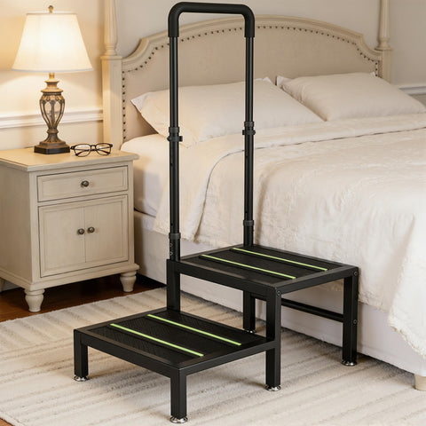 Josmimic 2-step stool with handle featuring a sturdy metal frame for bed or tub access.