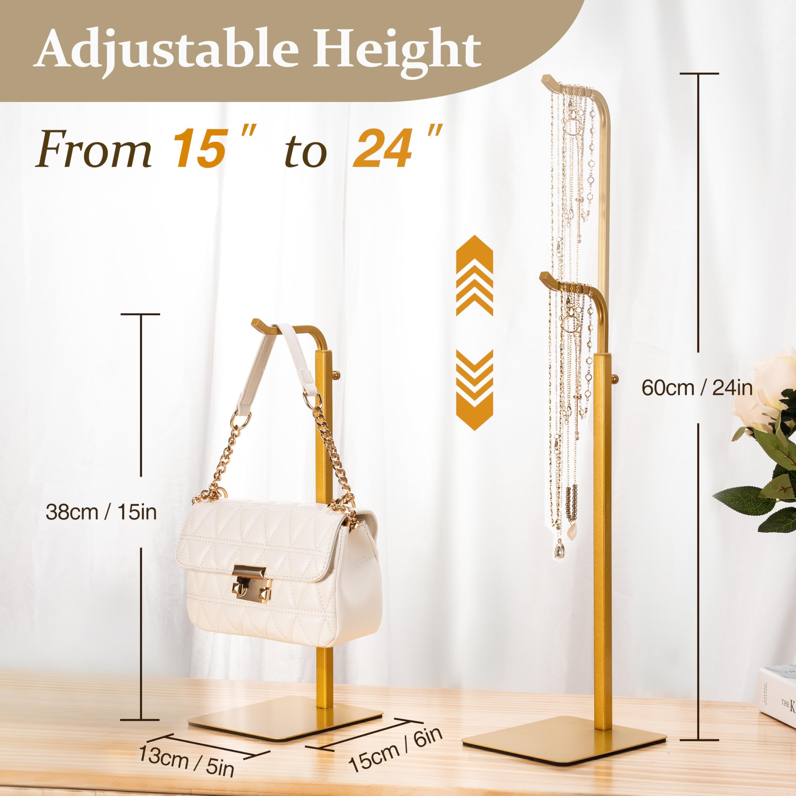 Josmimic adjustable hook stand keeps bags secure on shelves or counters.