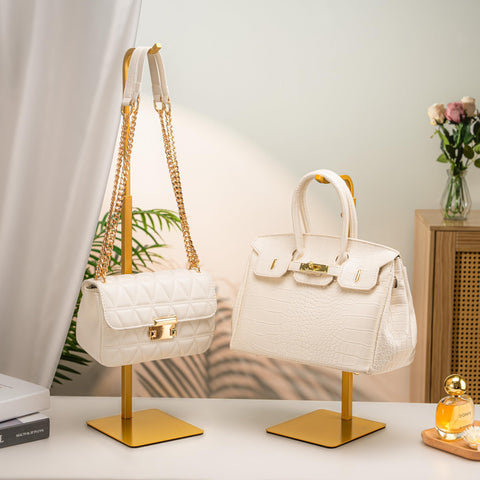 Josmimic gold handbag display stand provides compact tabletop organization for purses.