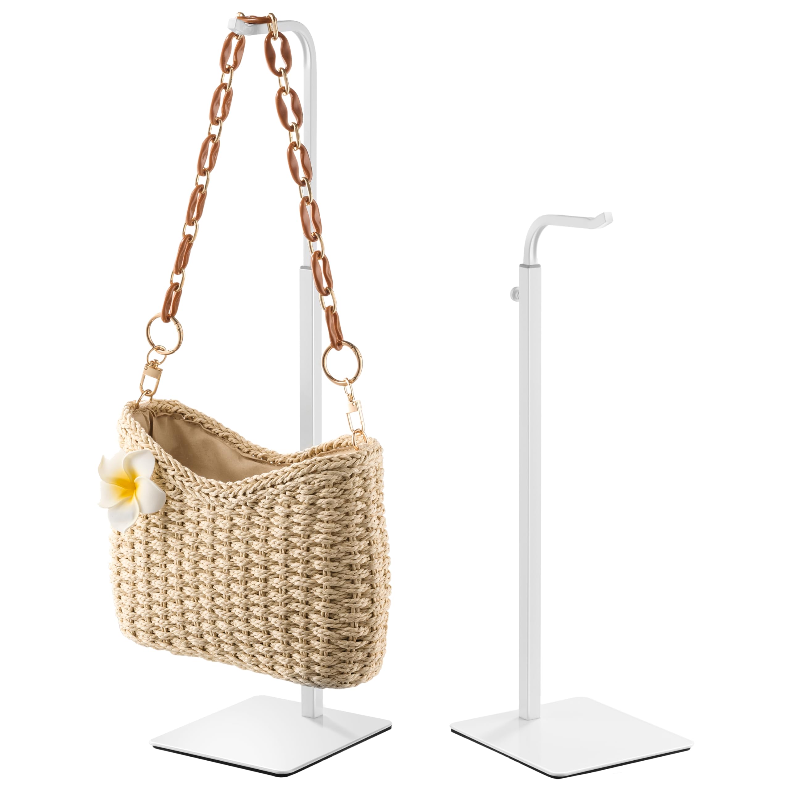 Josmimic purse display stand white, neatly showcasing bags on countertops.