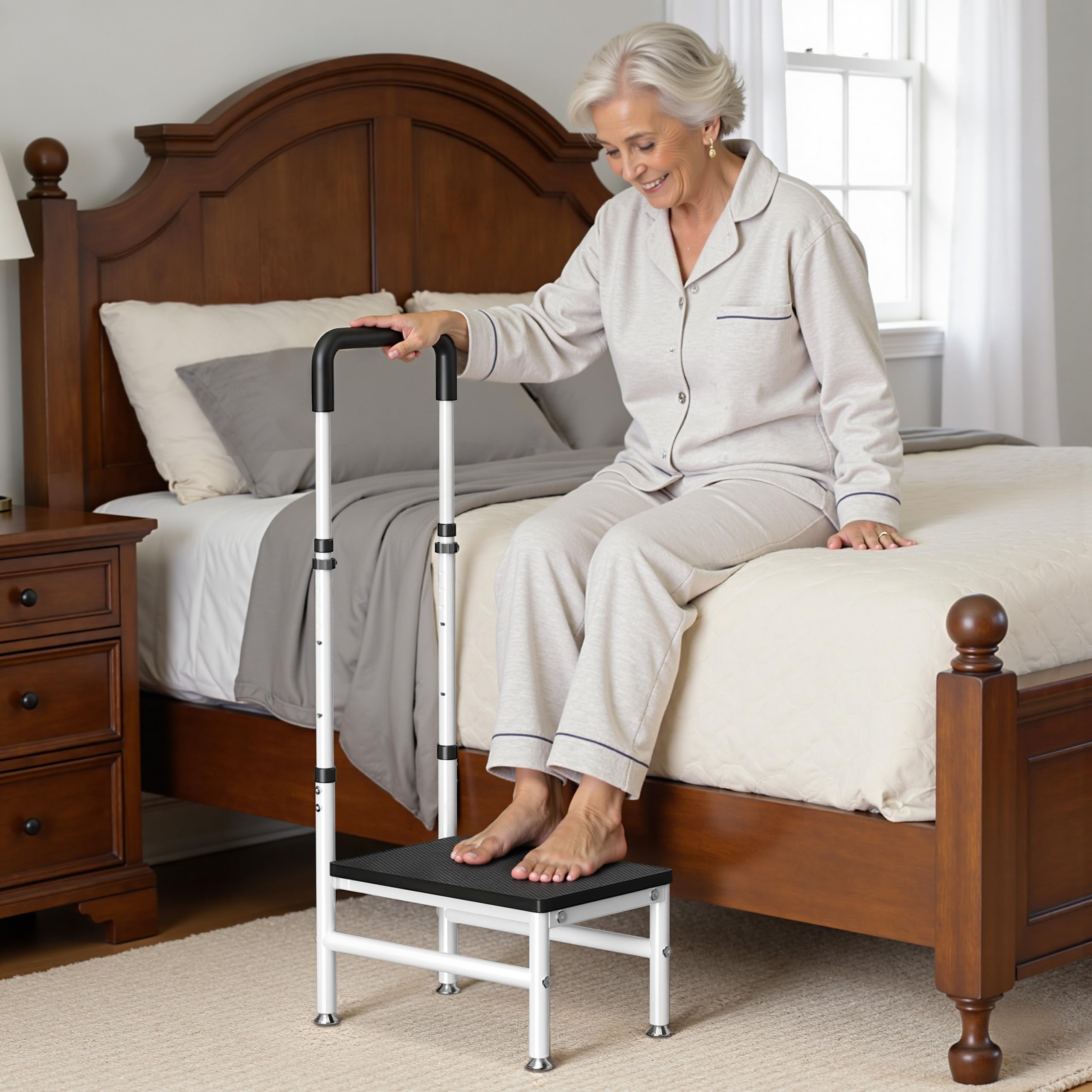 Josmimic Step Stool with Non-Slip Wood Platform prevents slips and keeps footing secure.