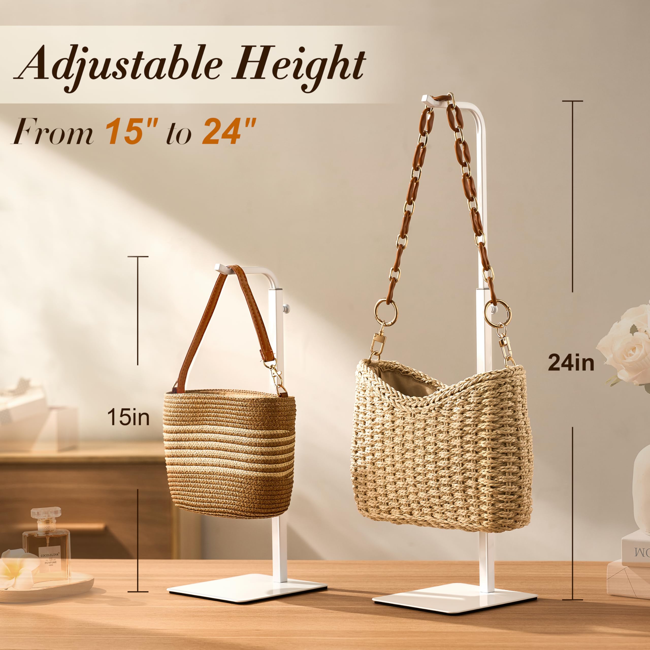 Josmimic two-pack purse stand stacked setup for retail displays.