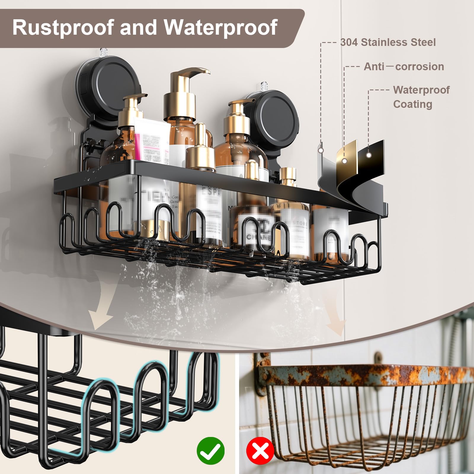JOTPE integrated hooks organize razors and towels within arm's reach.