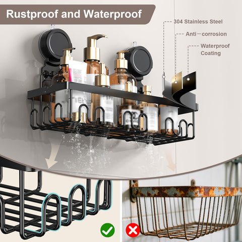 JOTPE integrated hooks organize razors and towels within arm's reach.